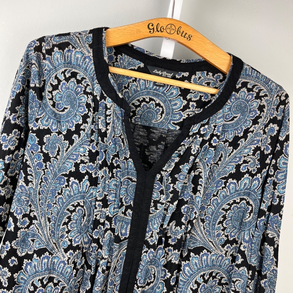 Lucky Brand Paisley‎ Boho Top Shirt Womens M Blue Black Rayon Pintuck